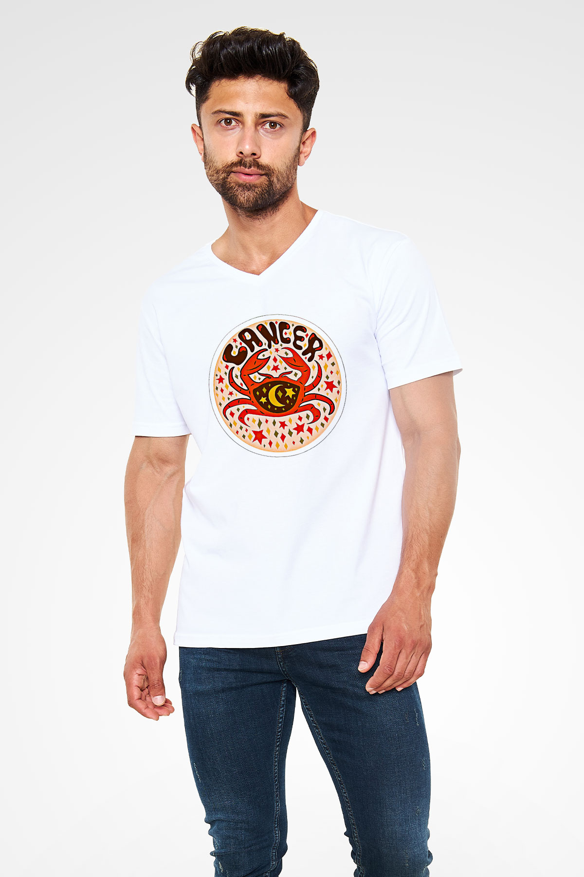 Yengeç Burcu Baskılı Beyaz Unisex V Yaka Tişört - Tshirt
