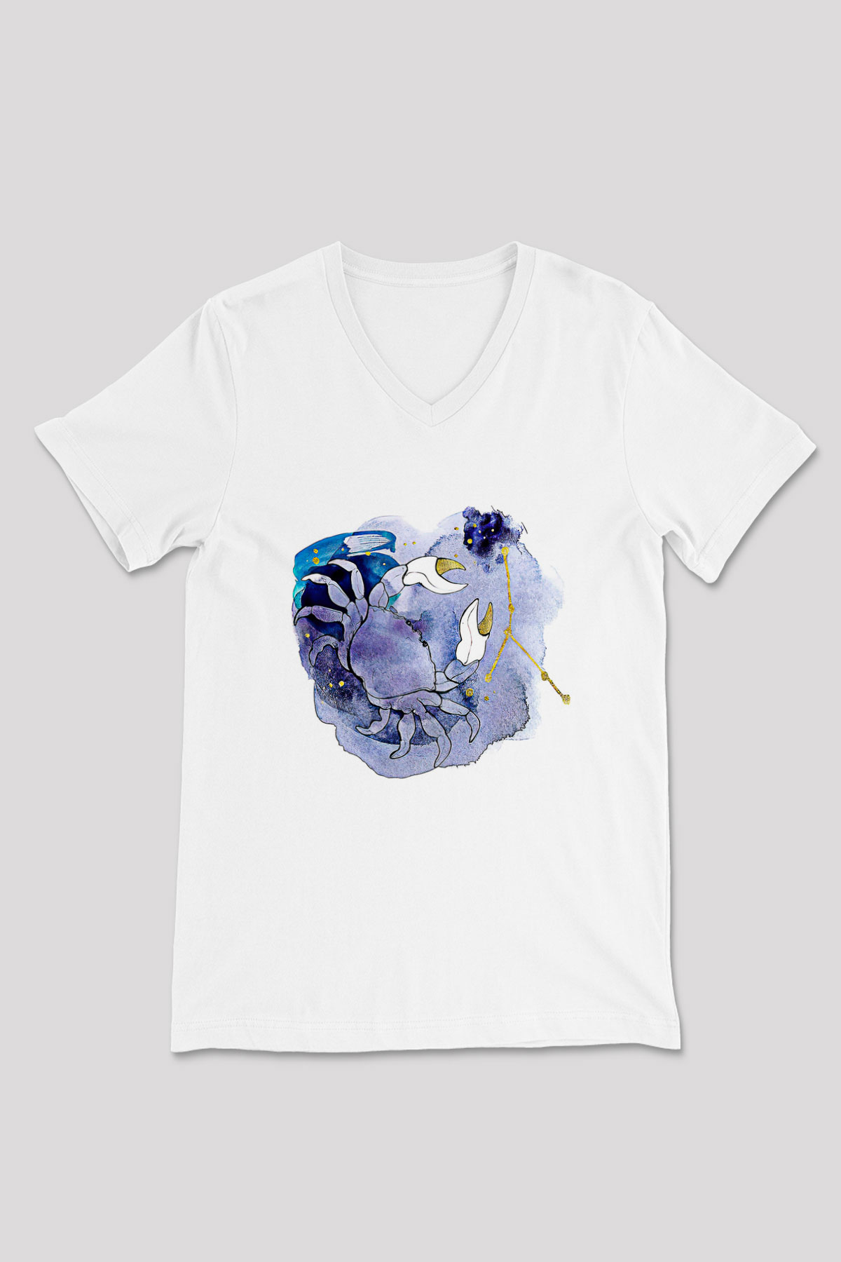 Yengeç Burcu Baskılı Beyaz Unisex V Yaka Tişört - Tshirt