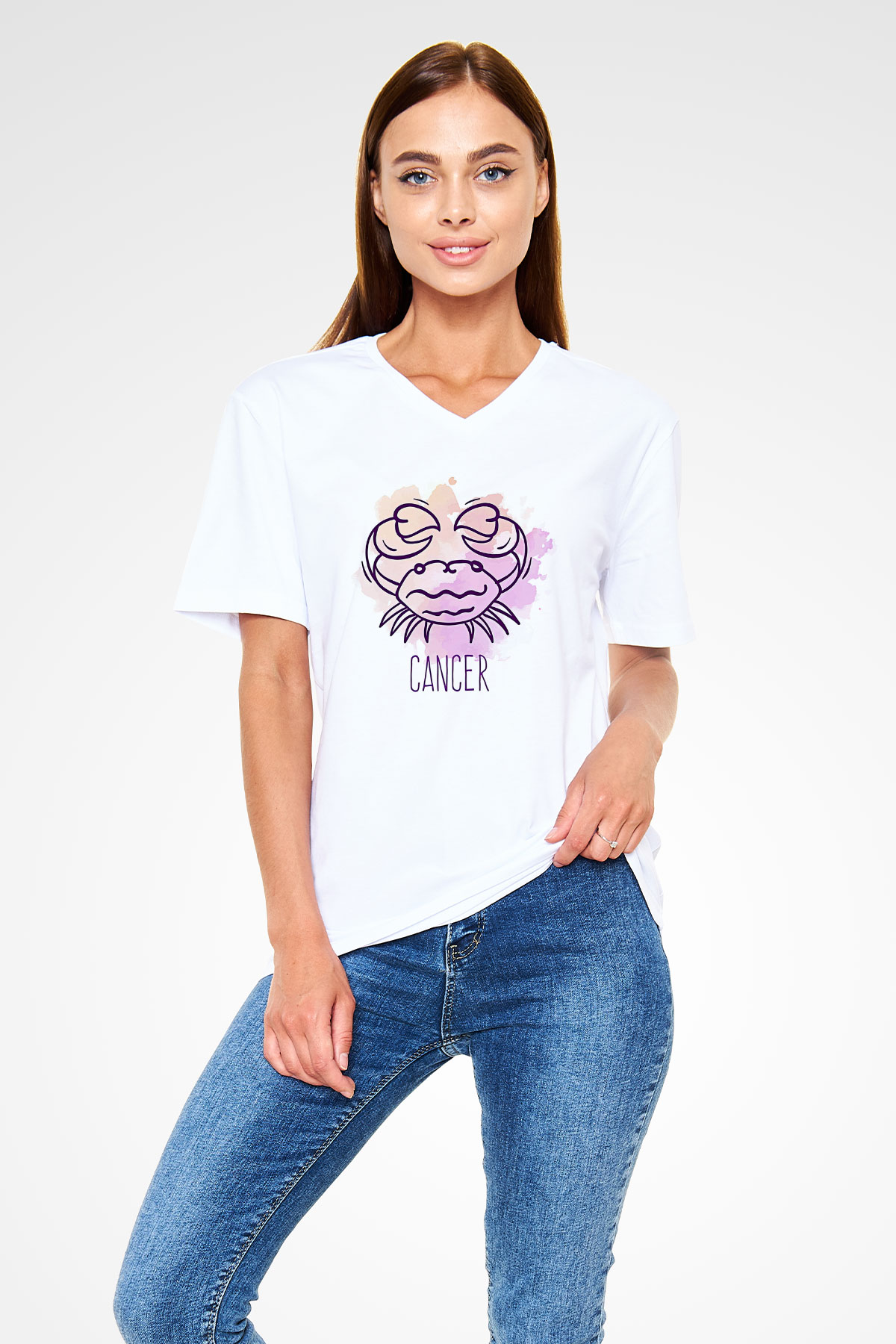 Yengeç Burcu Baskılı Beyaz Unisex V Yaka Tişört - Tshirt