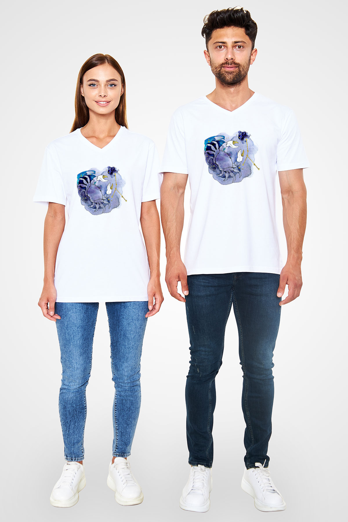 Yengeç Burcu Baskılı Beyaz Unisex V Yaka Tişört - Tshirt