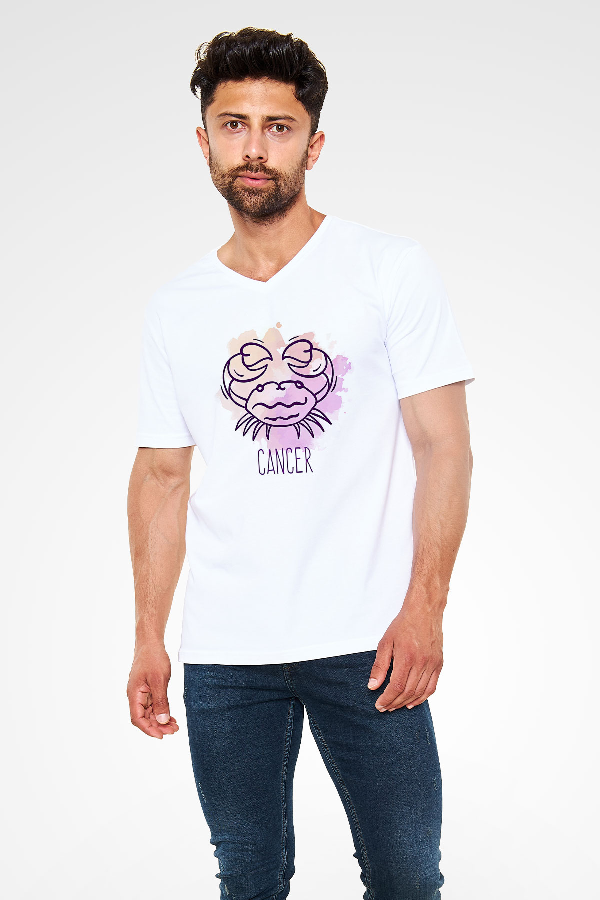 Yengeç Burcu Baskılı Beyaz Unisex V Yaka Tişört - Tshirt