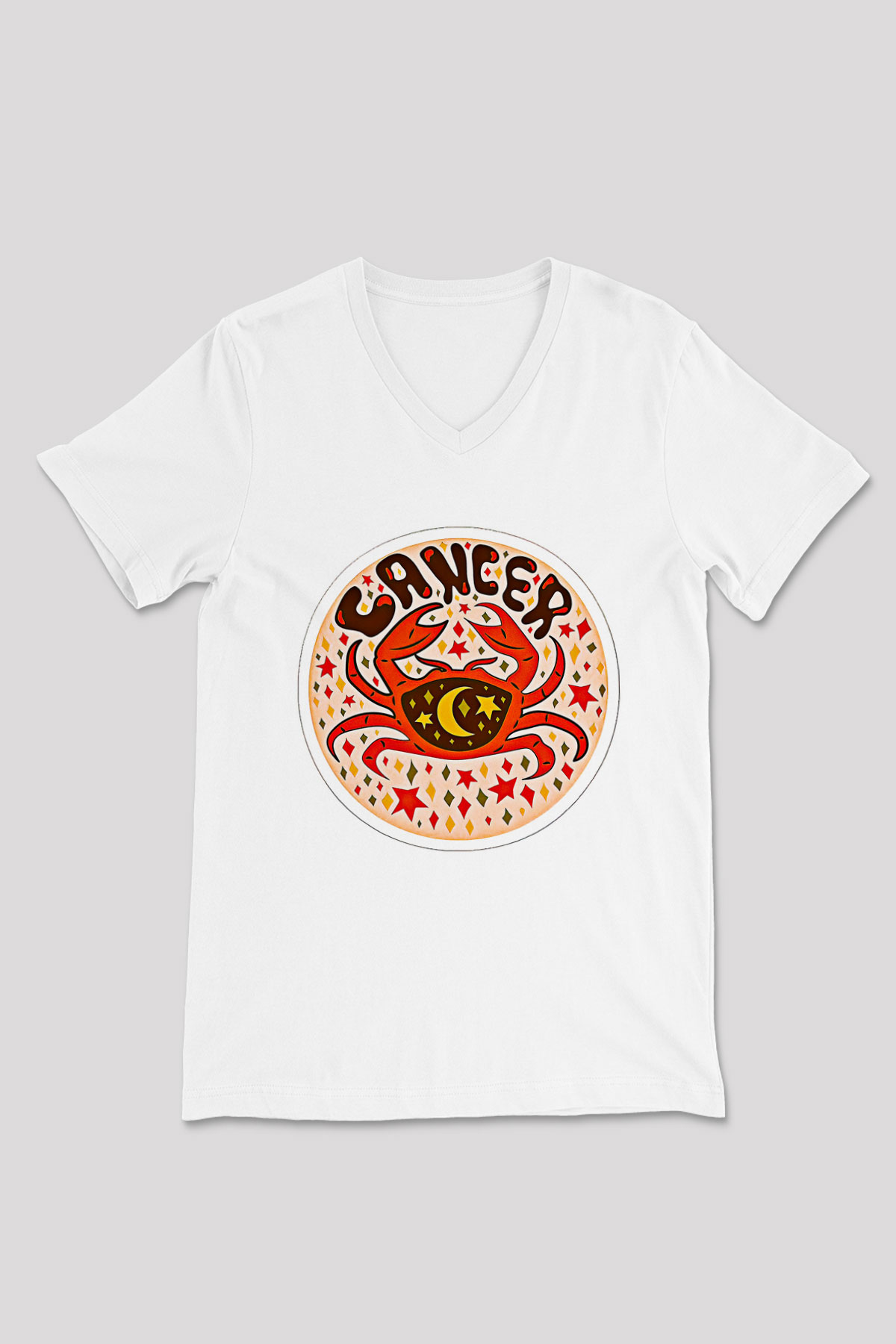 Yengeç Burcu Baskılı Beyaz Unisex V Yaka Tişört - Tshirt