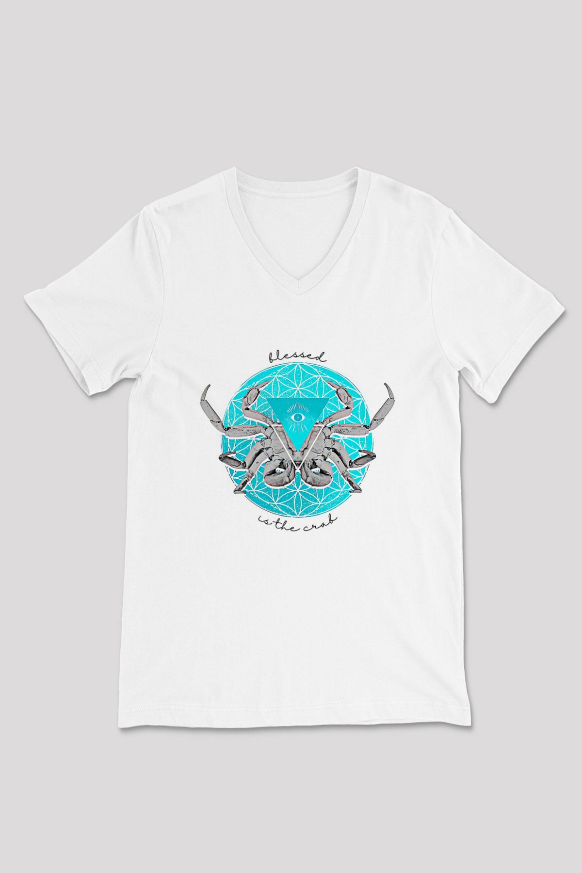 Yengeç Burcu Baskılı Beyaz Unisex V Yaka Tişört - Tshirt