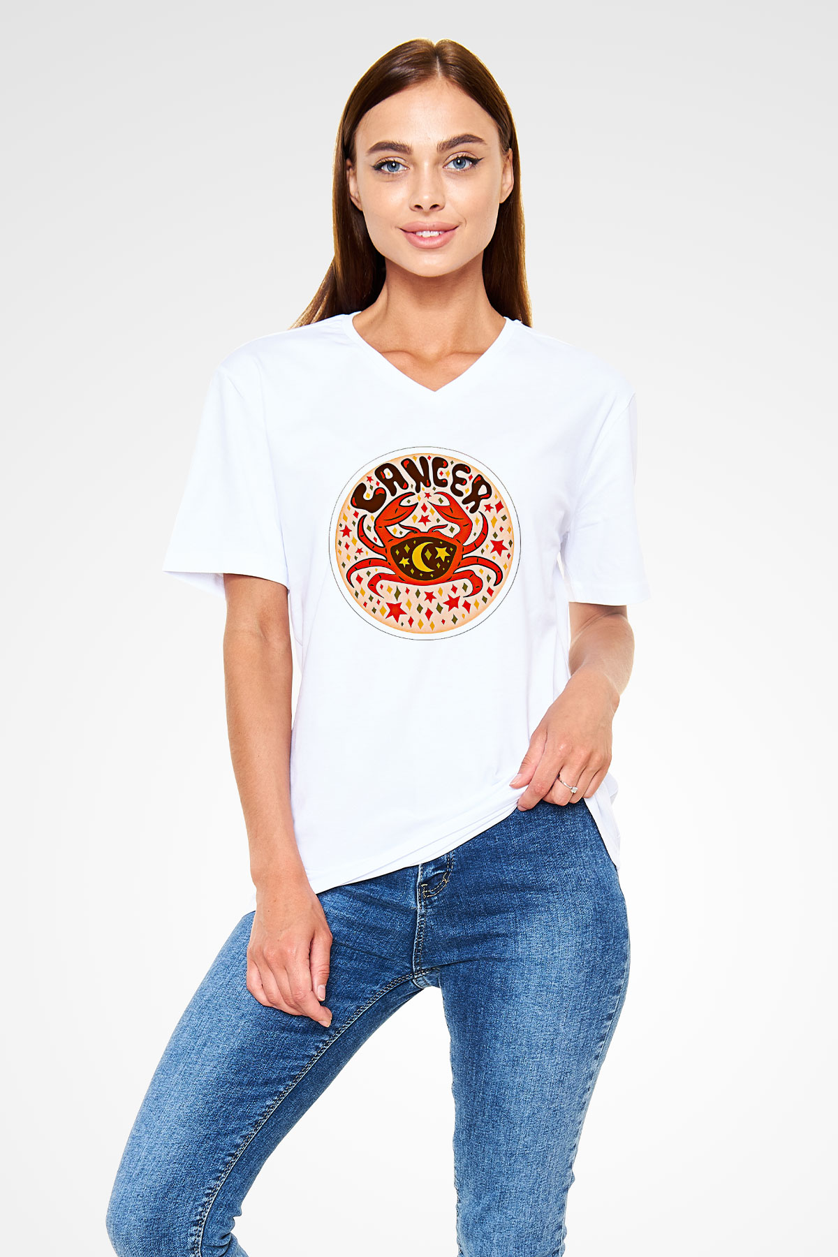 Yengeç Burcu Baskılı Beyaz Unisex V Yaka Tişört - Tshirt