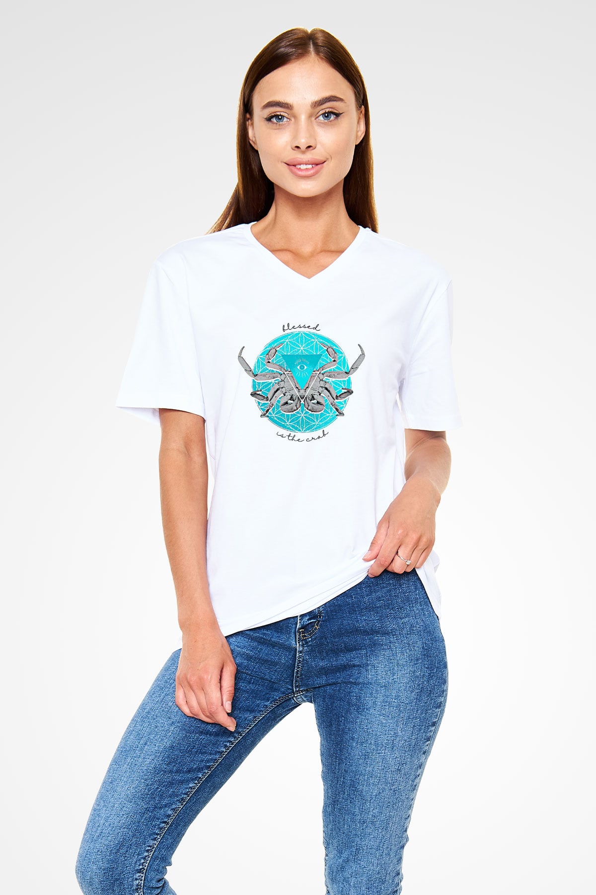 Yengeç Burcu Baskılı Beyaz Unisex V Yaka Tişört - Tshirt