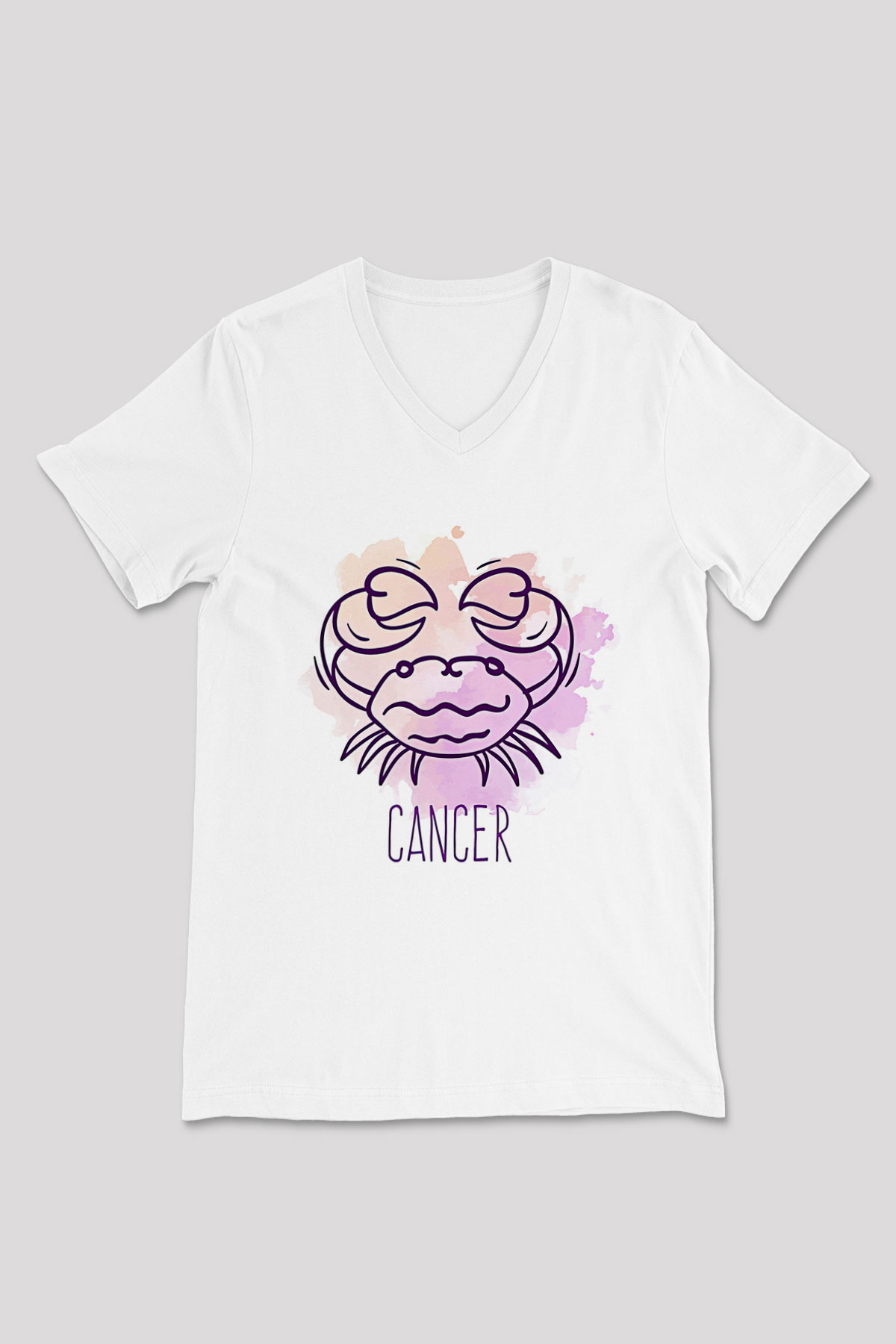 Yengeç Burcu Baskılı Beyaz Unisex V Yaka Tişört - Tshirt