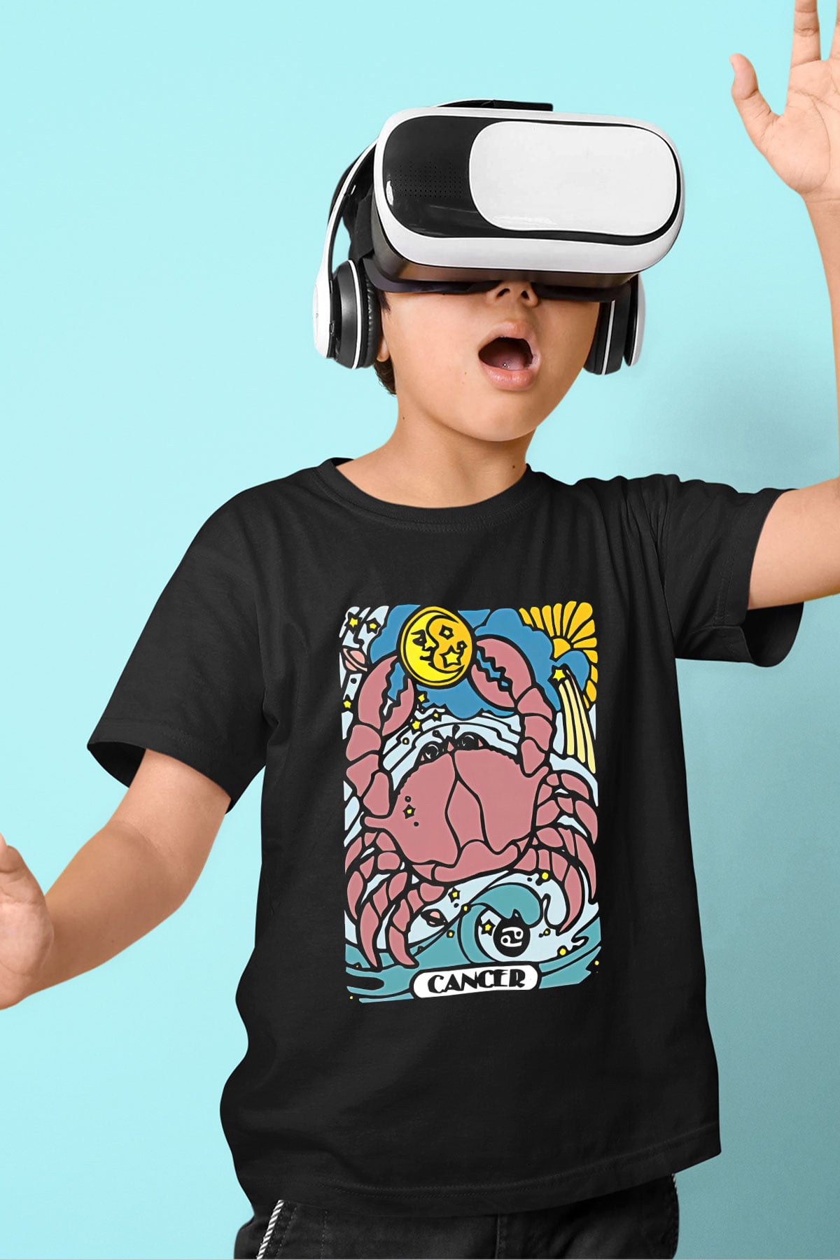 Yengeç Burcu Baskılı Unisex Siyah Çocuk Tişört - Tshirt
