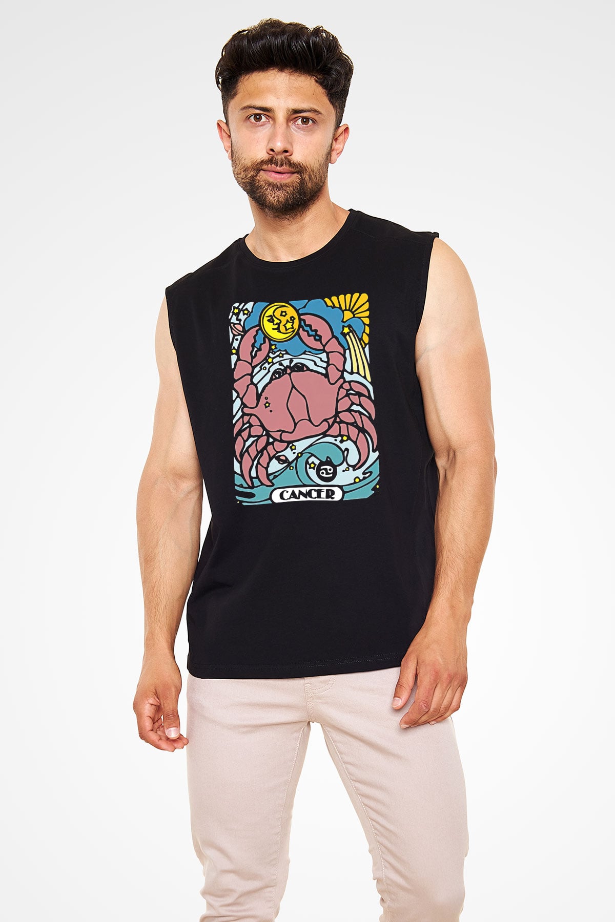Yengeç Burcu Baskılı Unisex Siyah Kolsuz Tişört - Tshirt