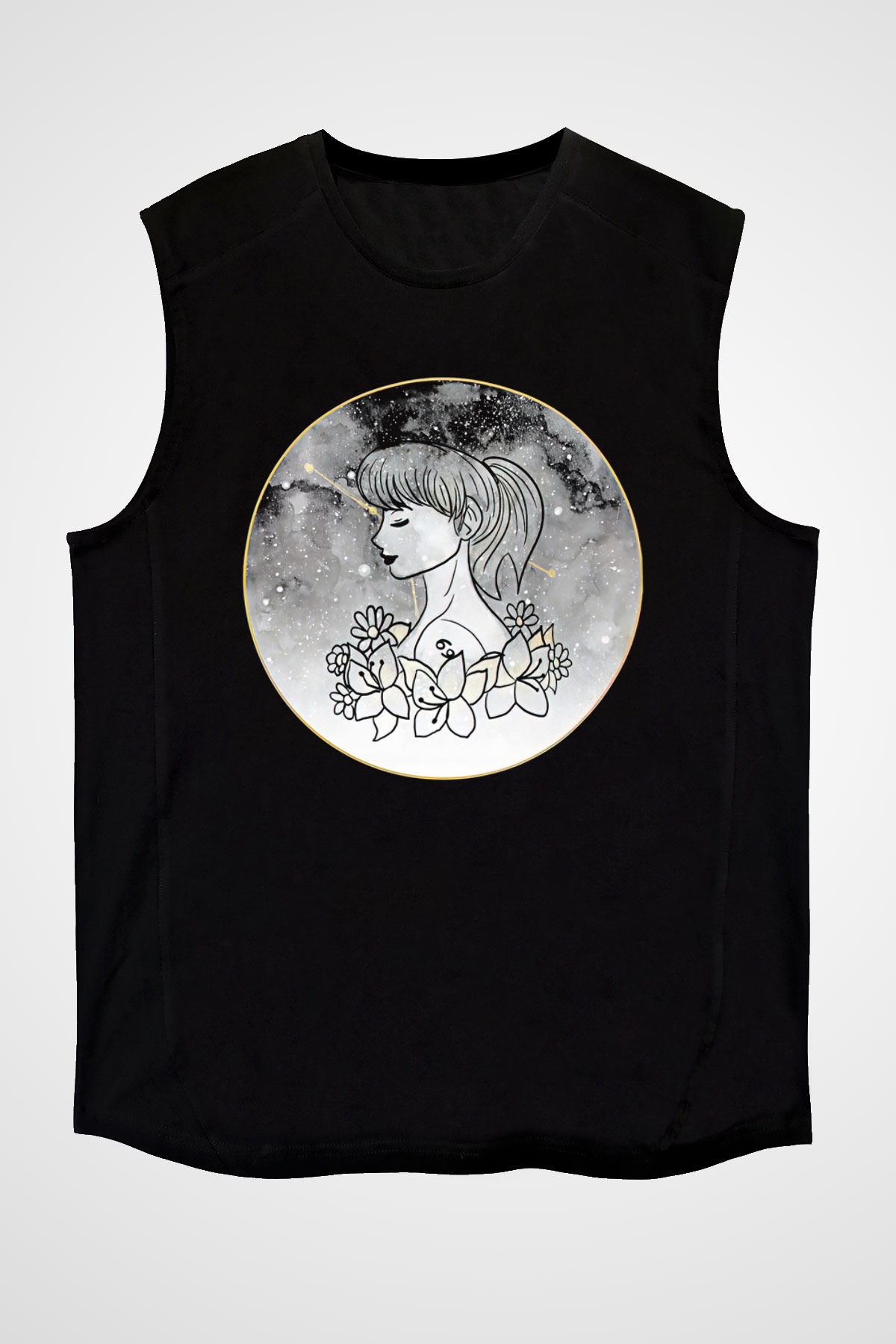 Yengeç Burcu Baskılı Unisex Siyah Kolsuz Tişört - Tshirt