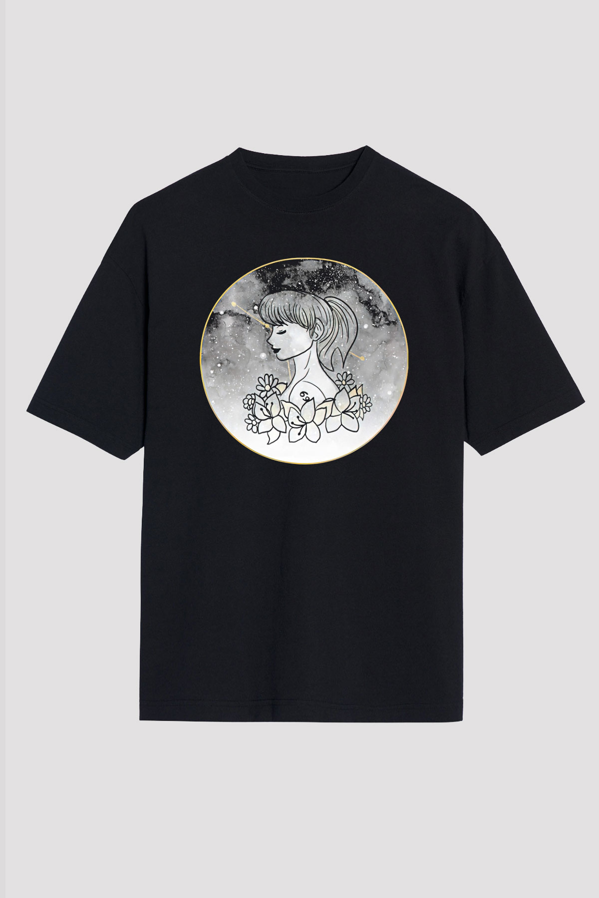 Yengeç Burcu Baskılı Unisex Siyah Oversize Tişört - Tshirt