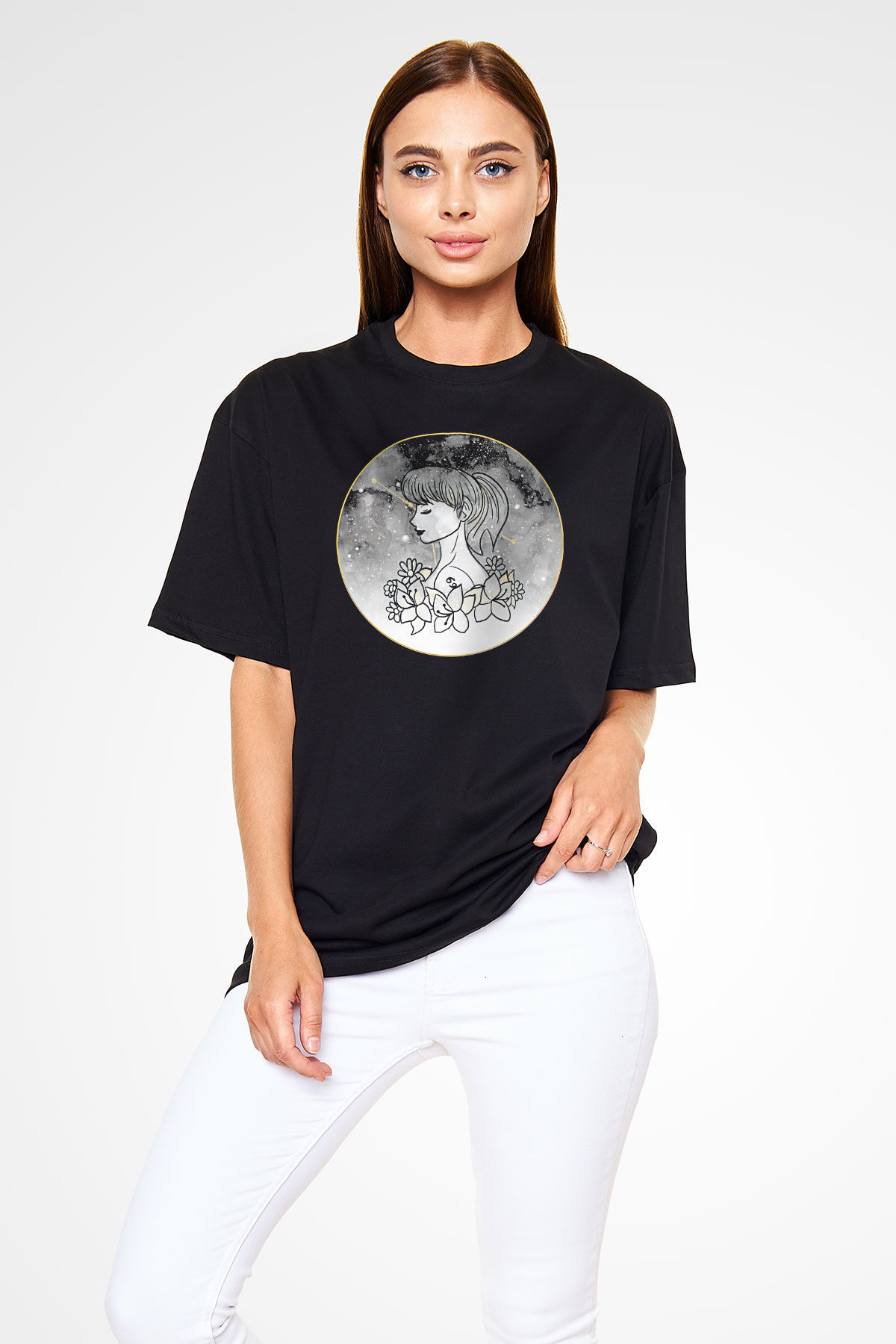 Yengeç Burcu Baskılı Unisex Siyah Oversize Tişört - Tshirt
