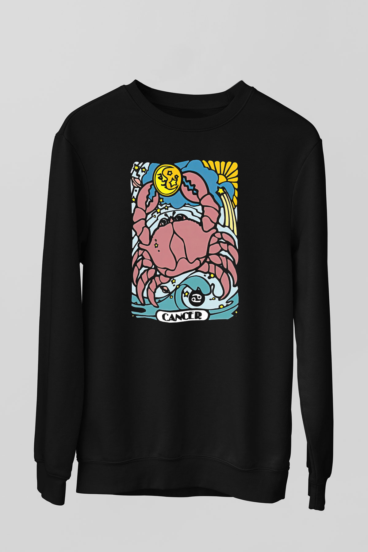 Yengeç Burcu Baskılı Unisex Siyah Sweatshirt
