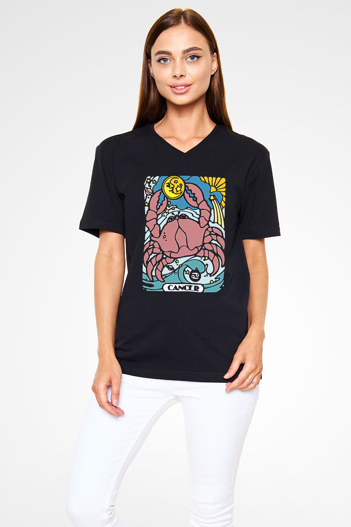Yengeç Burcu Baskılı Unisex Siyah V Yaka Tişört - Tshirt