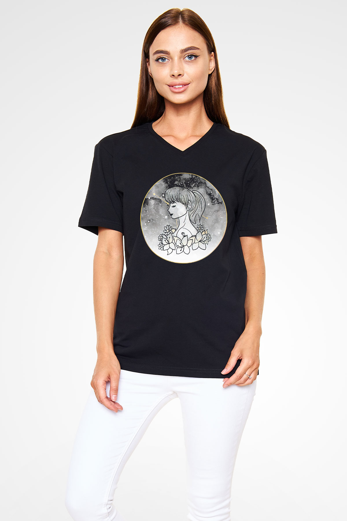 Yengeç Burcu Baskılı Unisex Siyah V Yaka Tişört - Tshirt