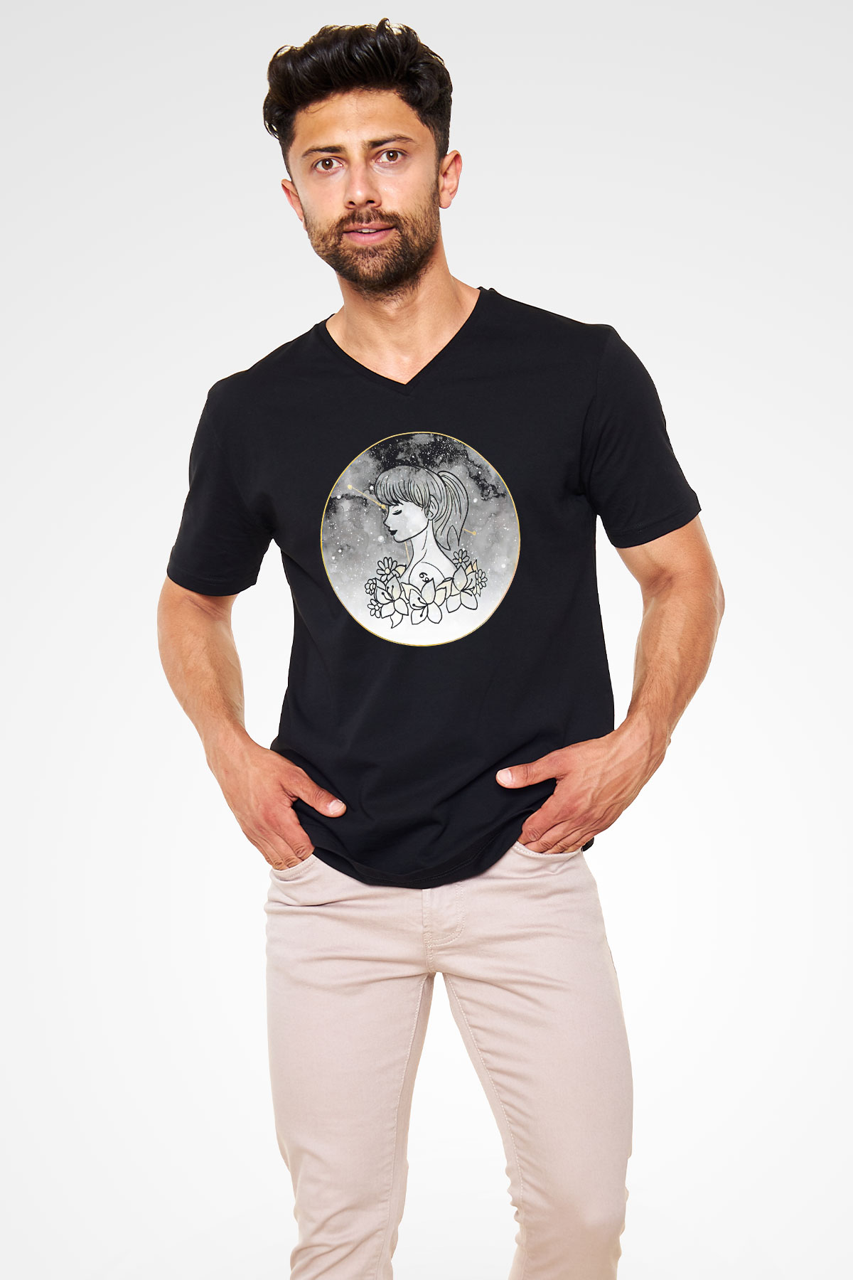 Yengeç Burcu Baskılı Unisex Siyah V Yaka Tişört - Tshirt