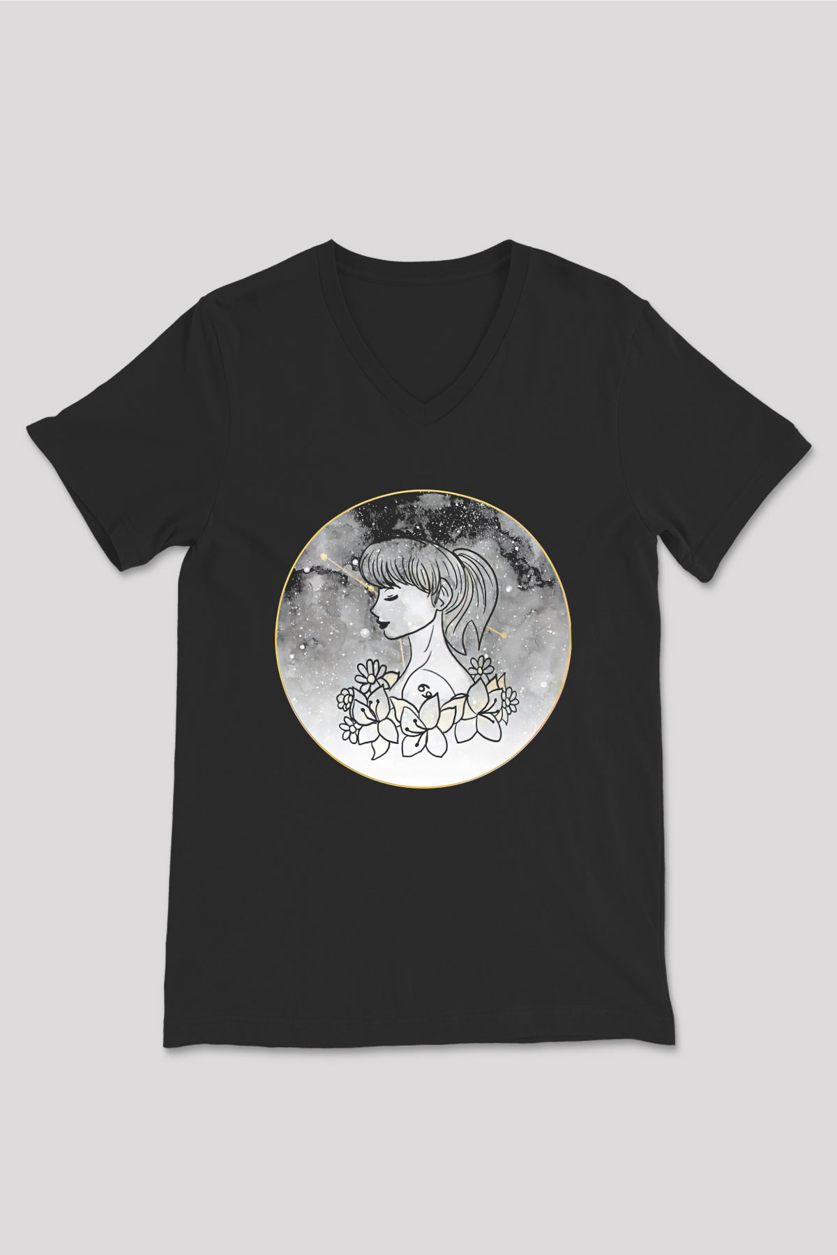 Yengeç Burcu Baskılı Unisex Siyah V Yaka Tişört - Tshirt