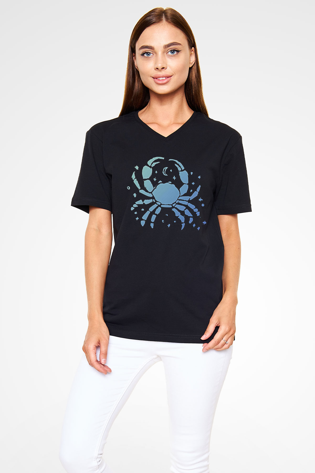Yengeç Burcu Baskılı Unisex Siyah V Yaka Tişört - Tshirt
