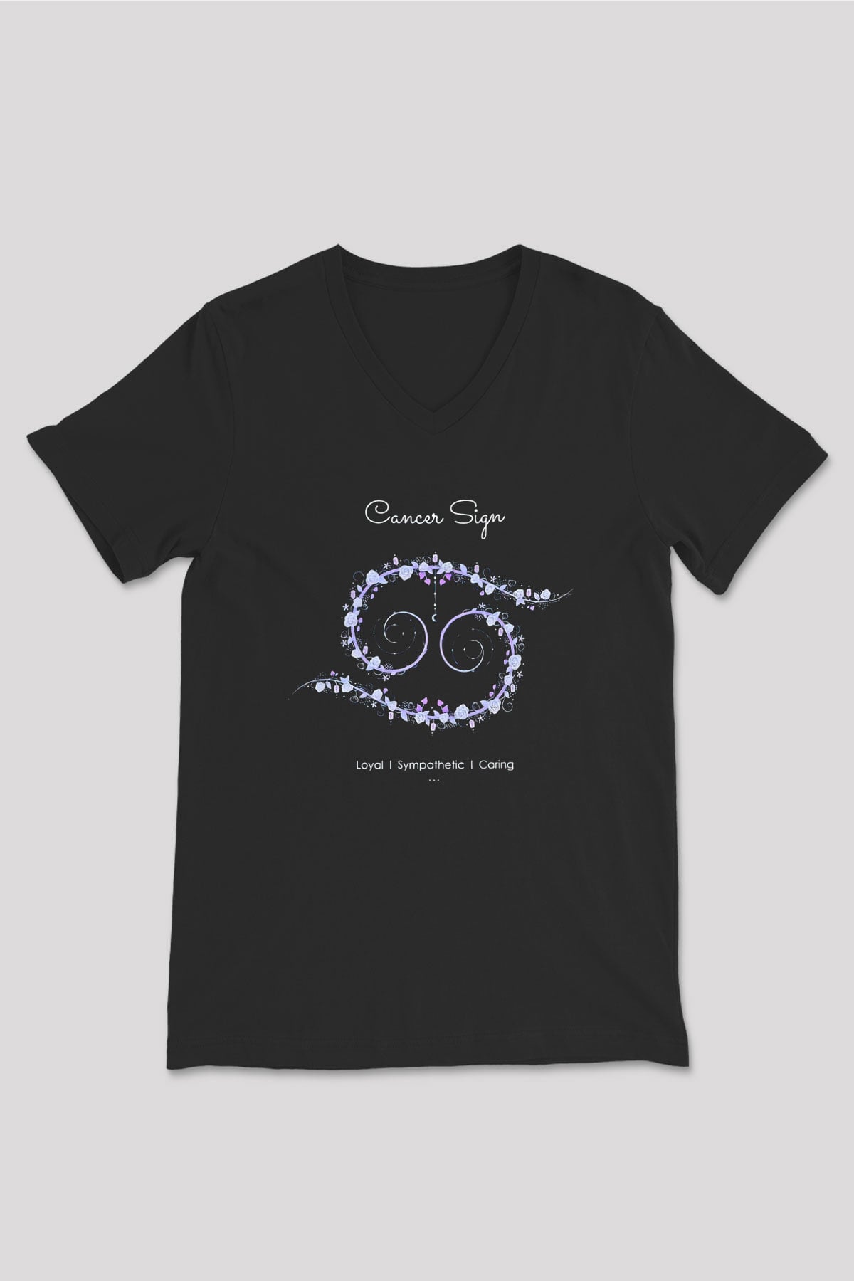 Yengeç Burcu Baskılı Unisex Siyah V Yaka Tişört - Tshirt