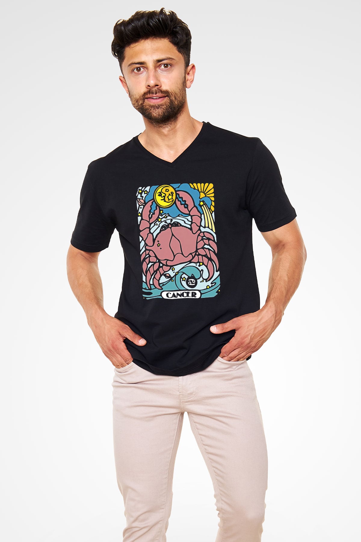 Yengeç Burcu Baskılı Unisex Siyah V Yaka Tişört - Tshirt