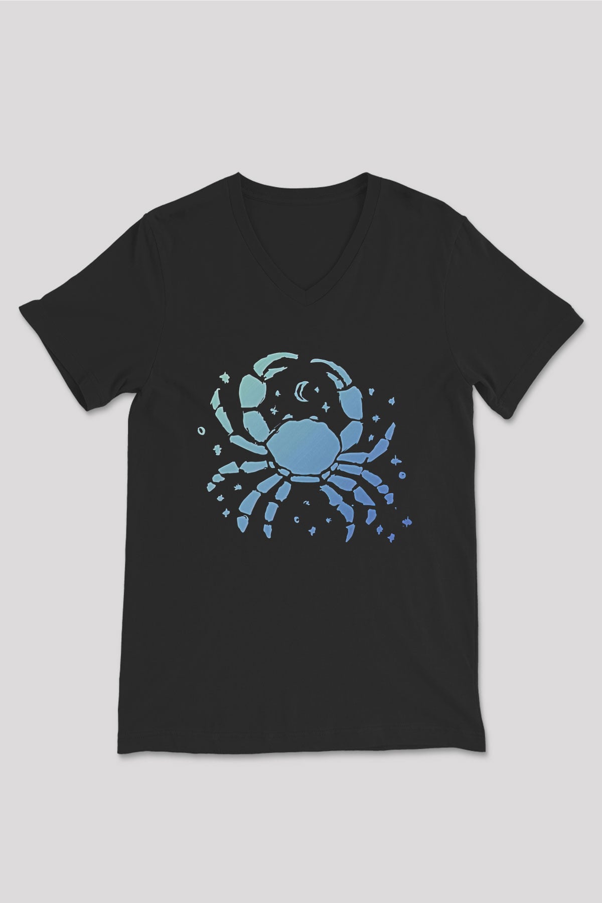 Yengeç Burcu Baskılı Unisex Siyah V Yaka Tişört - Tshirt