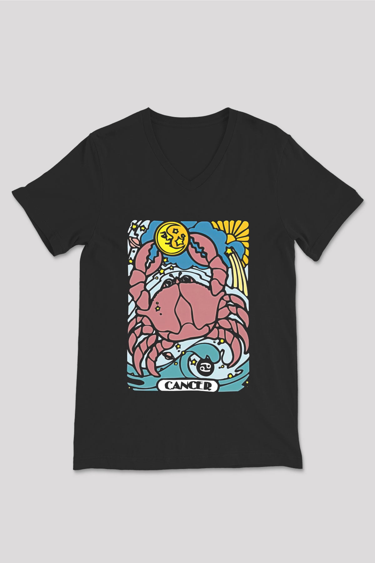 Yengeç Burcu Baskılı Unisex Siyah V Yaka Tişört - Tshirt