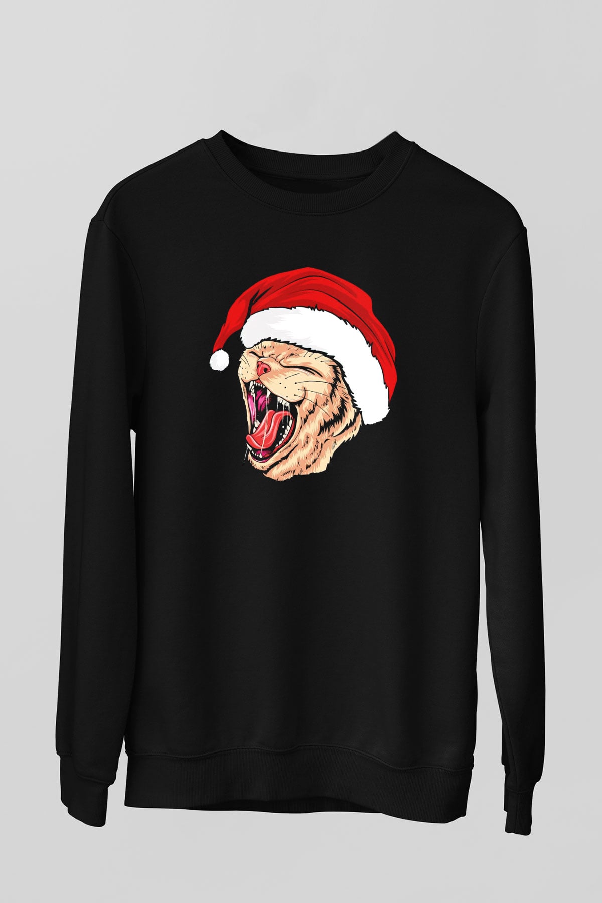 Yeni Yıl Kedi Baskılı Unisex Siyah  Sweatshirt