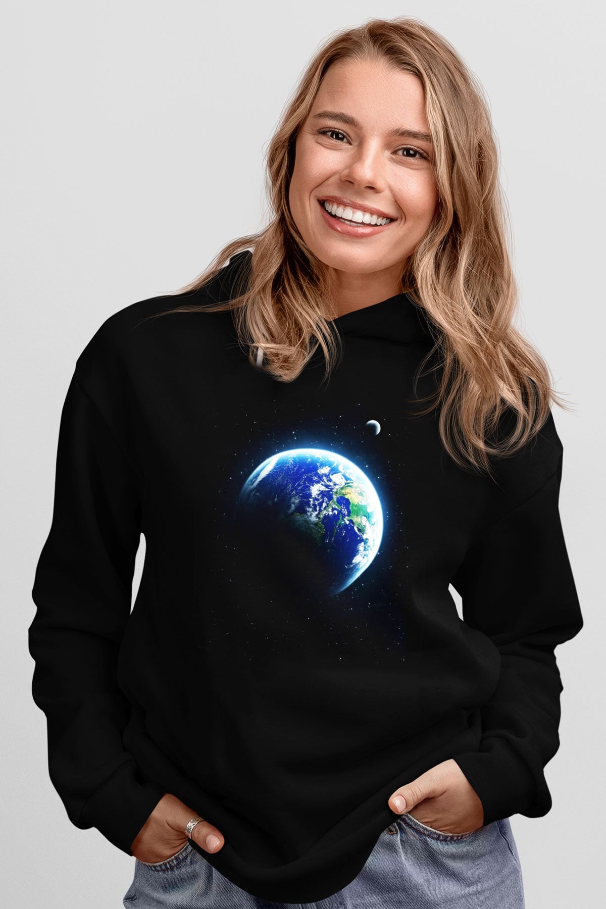 Yer yüzü Siyah Unisex Kapüşonlu Sweatshirt