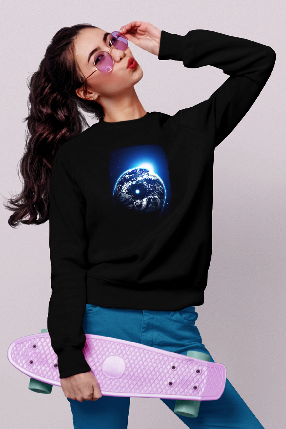 Yer yüzü Siyah Unisex Sweatshirt