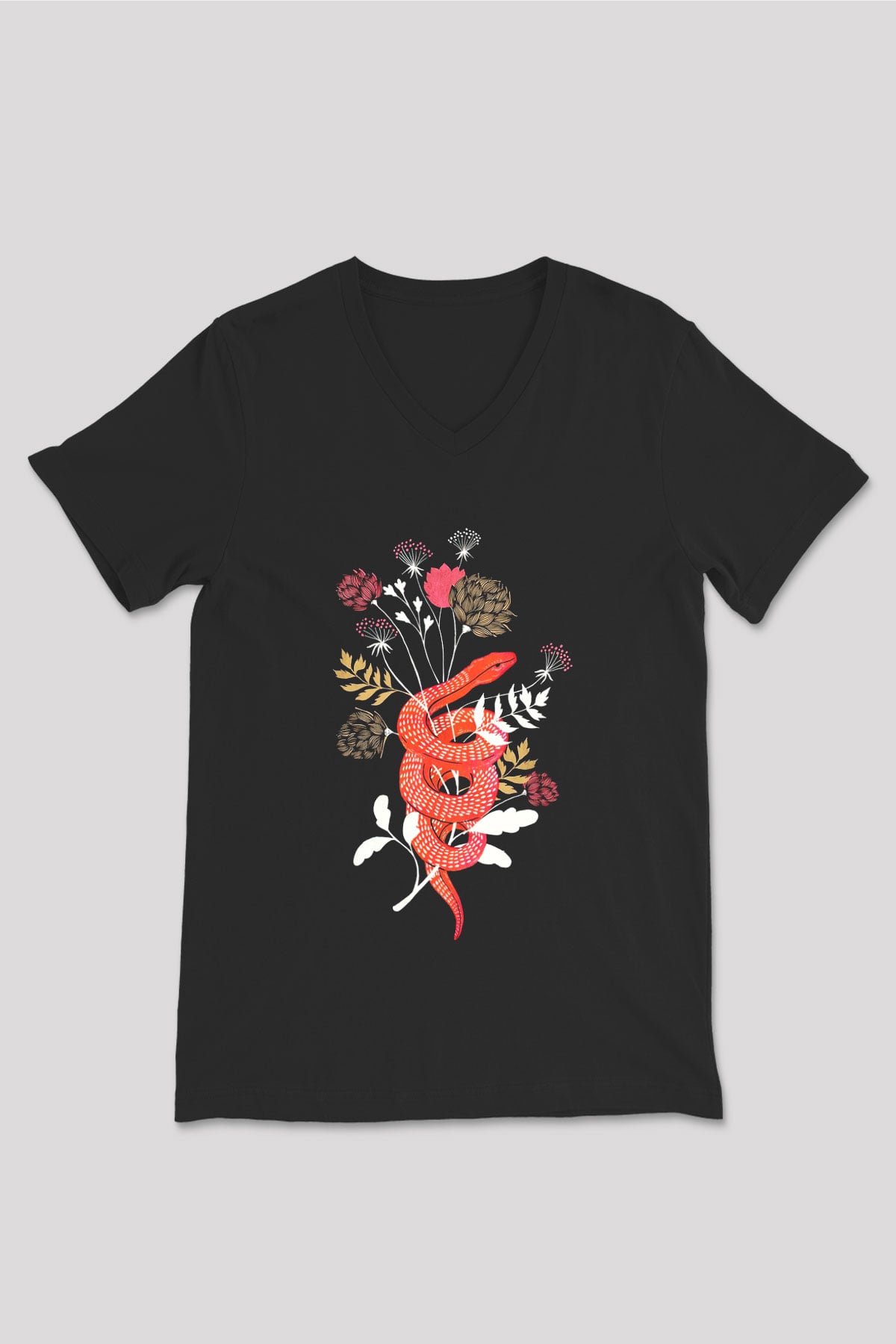 Yılan Siyah Unisex V Yaka Tişört T-Shirt