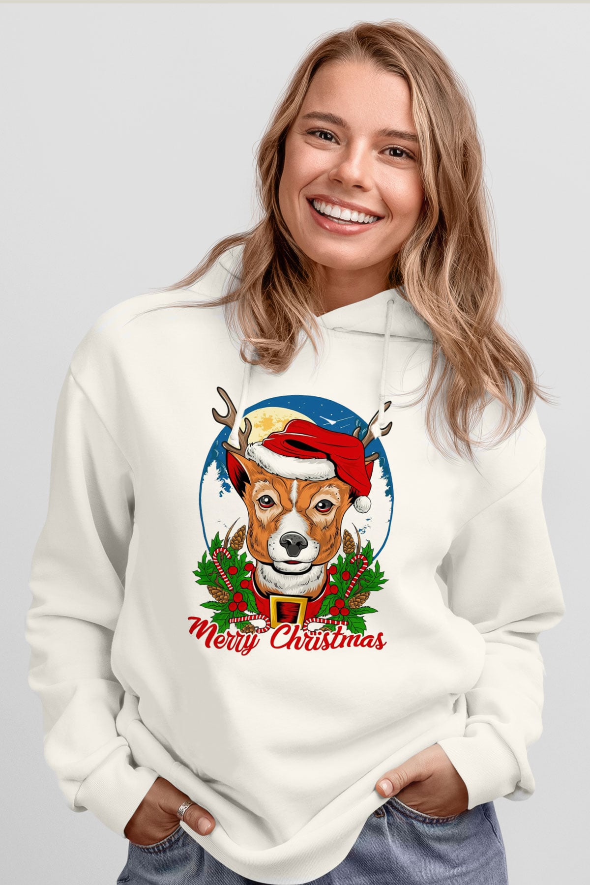 Yılbaşı Beyaz Unisex Kapüşonlu Sweatshirt