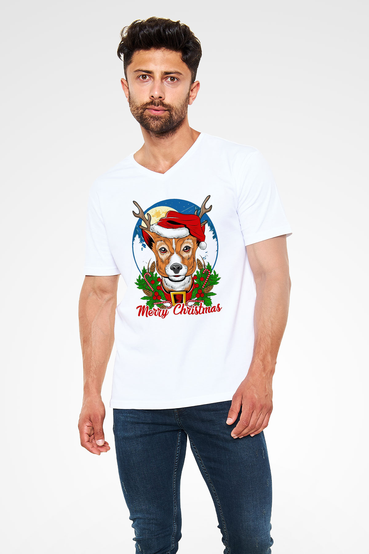 Yılbaşı Beyaz Unisex V Yaka Tişört