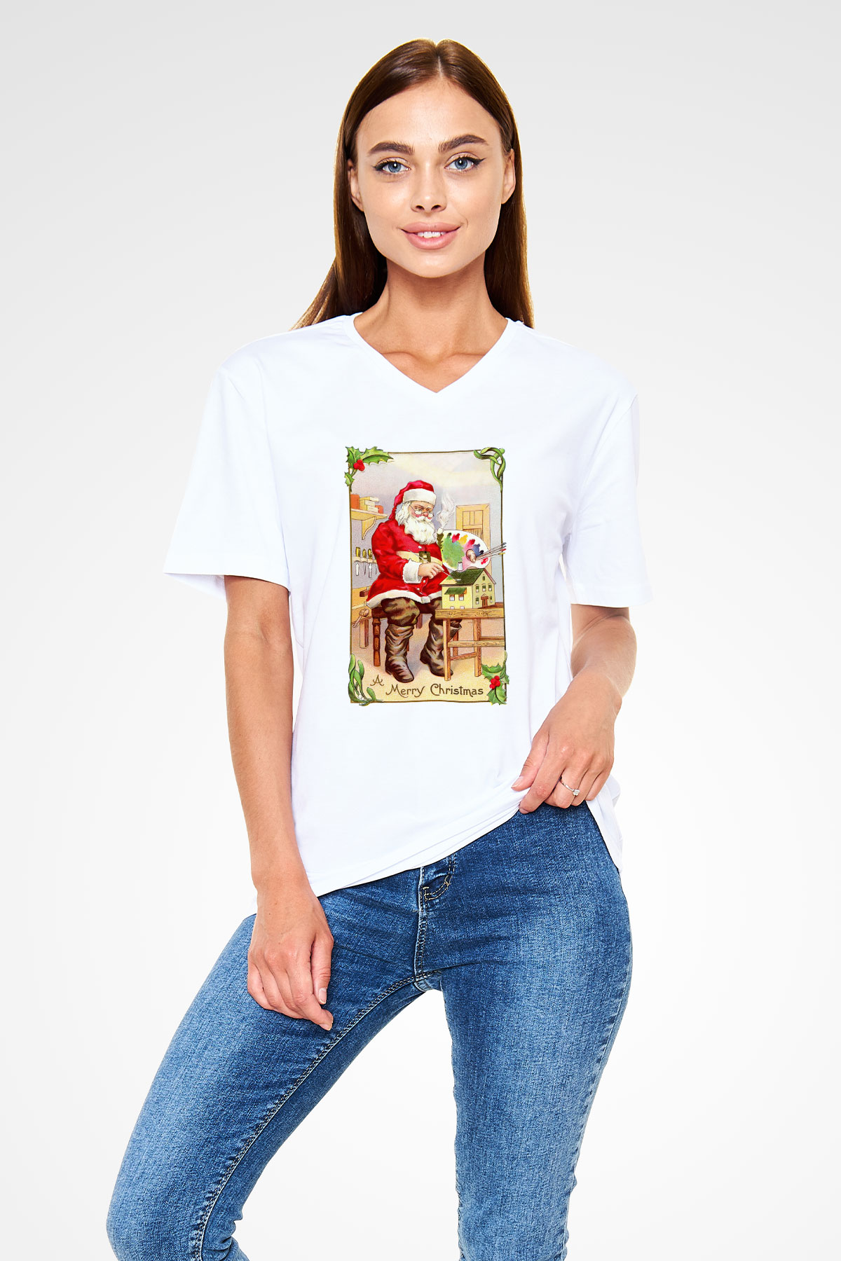 Yılbaşı Beyaz Unisex V Yaka Tişört T-Shirt