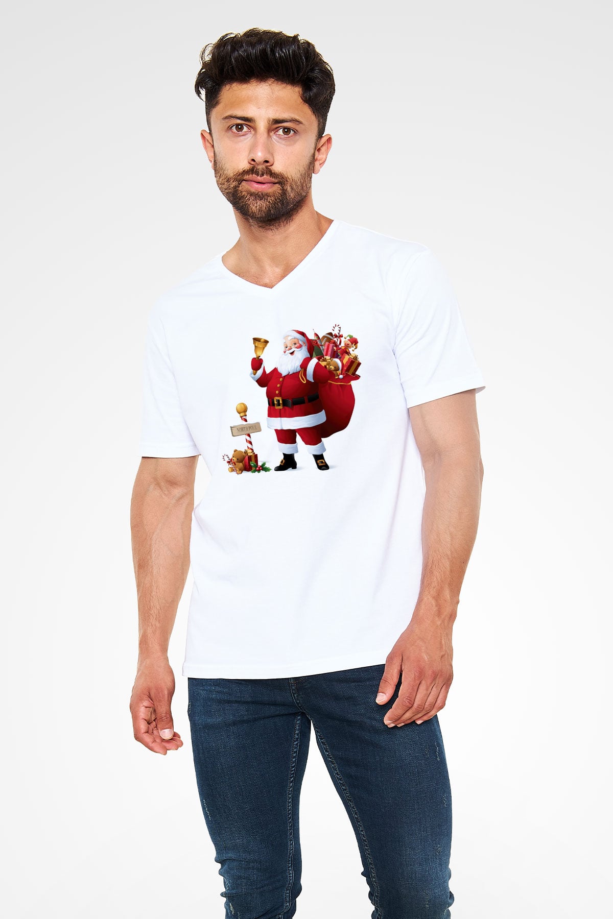 Yılbaşı Beyaz Unisex V Yaka Tişört T-Shirt