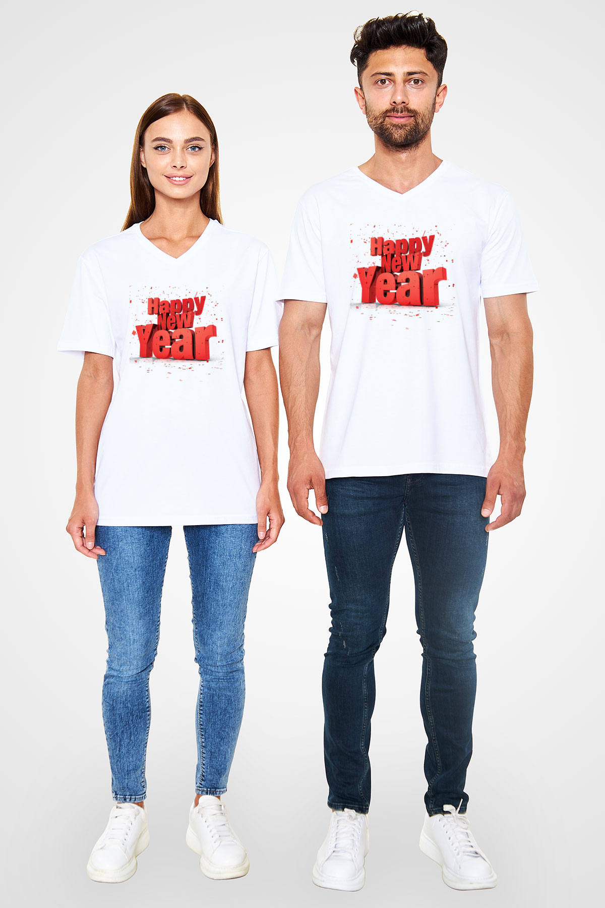 Yılbaşı Beyaz Unisex V Yaka Tişört T-Shirt
