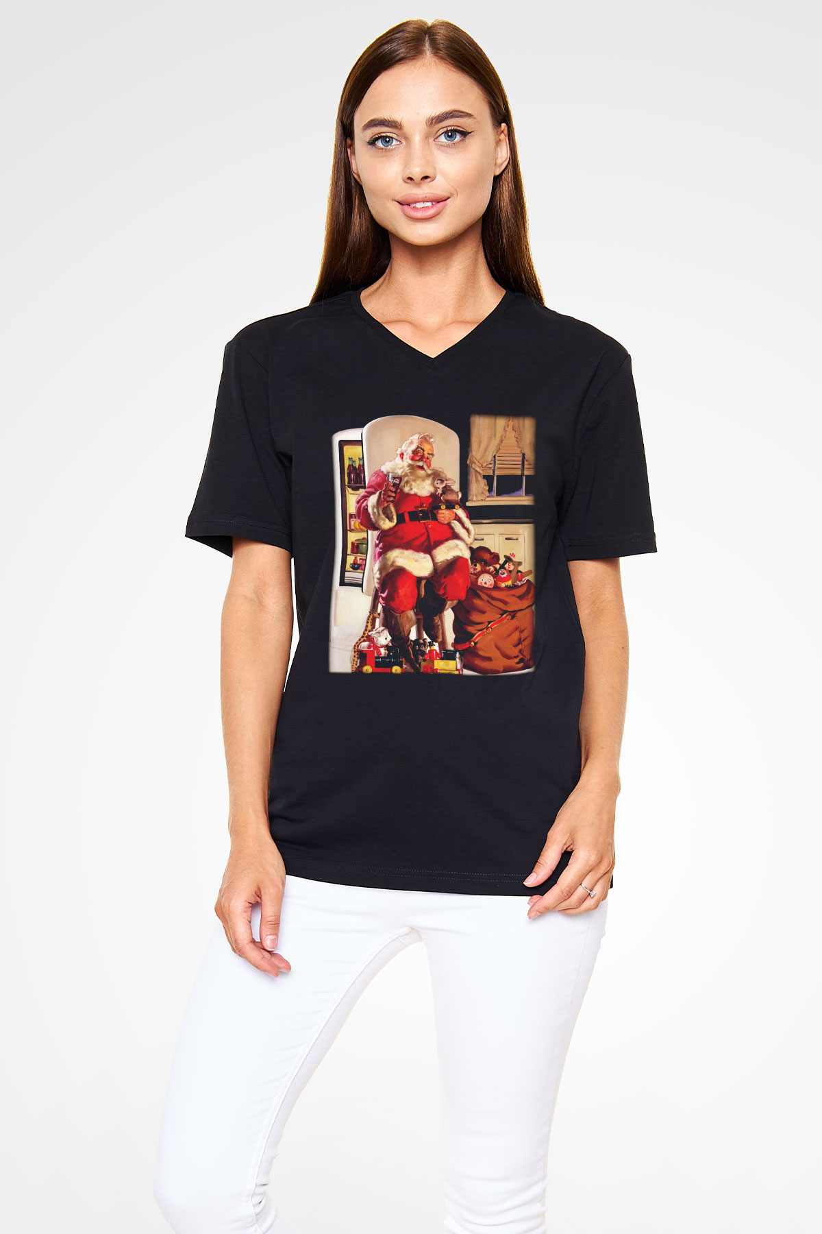 Yılbaşı Siyah Unisex V Yaka Tişört T-Shirt