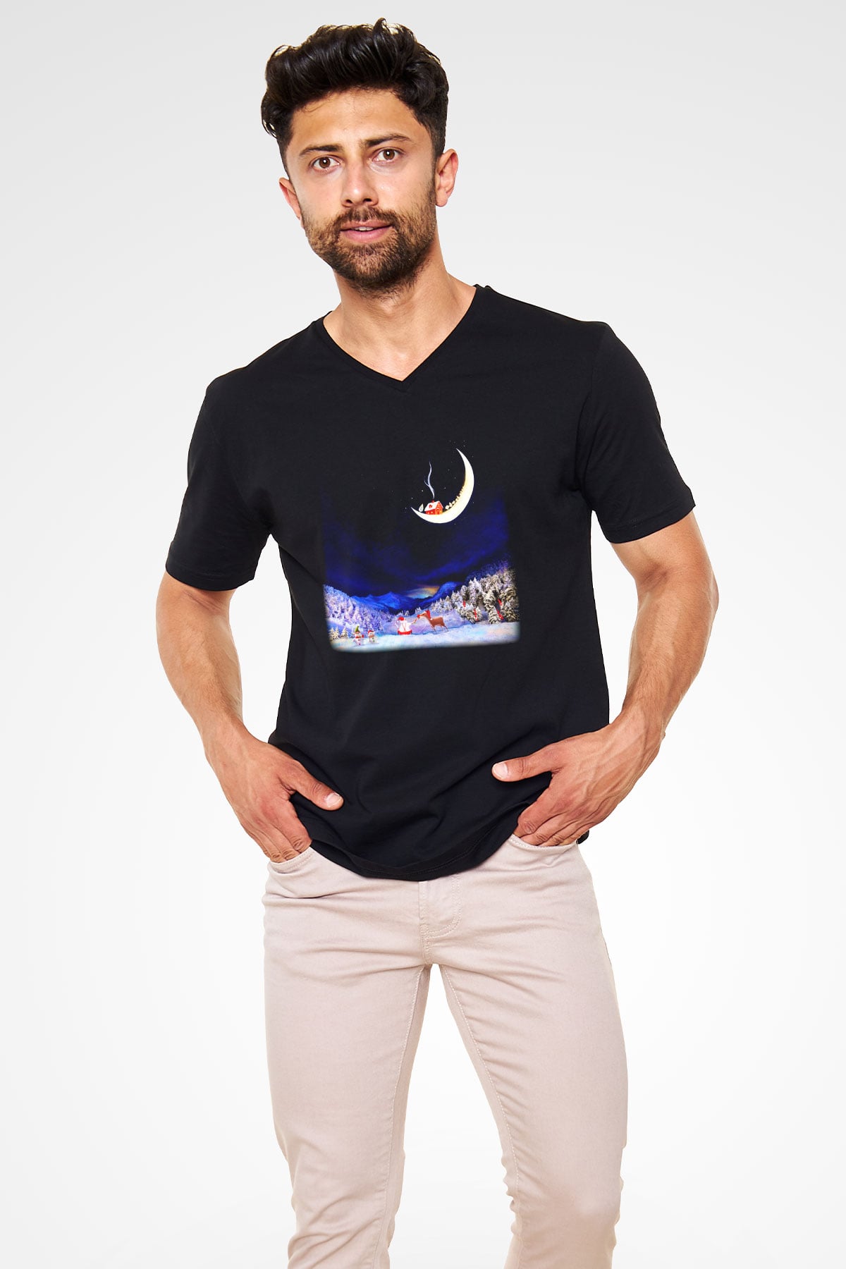 Yılbaşı Siyah Unisex V Yaka Tişört T-Shirt