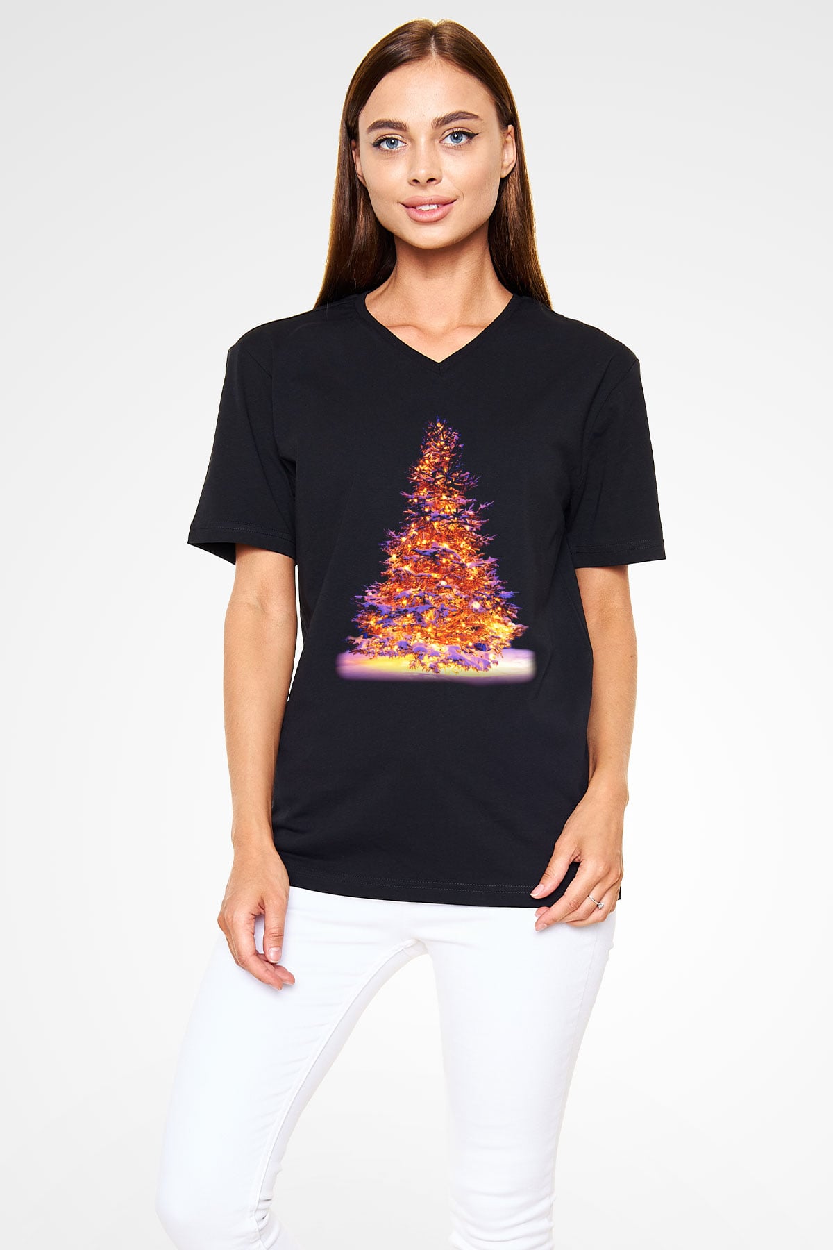 Yılbaşı Siyah Unisex V Yaka Tişört T-Shirt