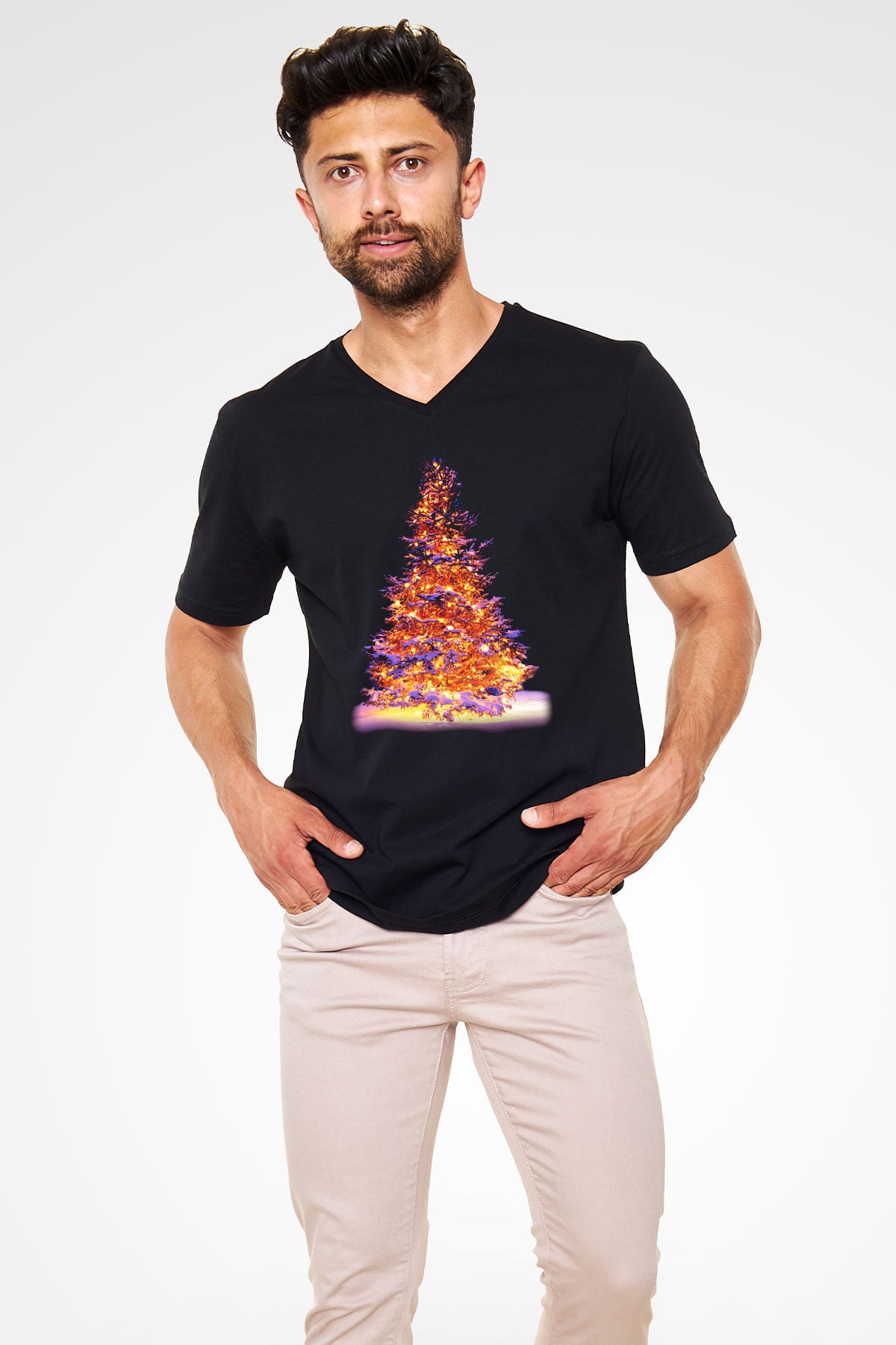 Yılbaşı Siyah Unisex V Yaka Tişört T-Shirt