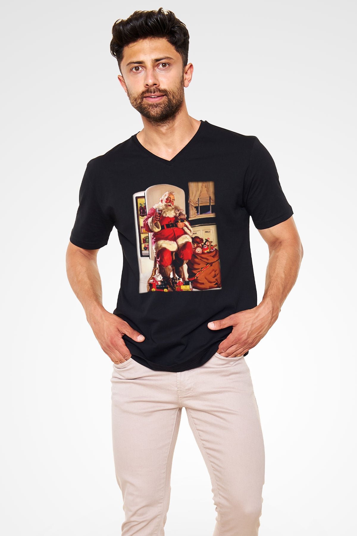 Yılbaşı Siyah Unisex V Yaka Tişört T-Shirt