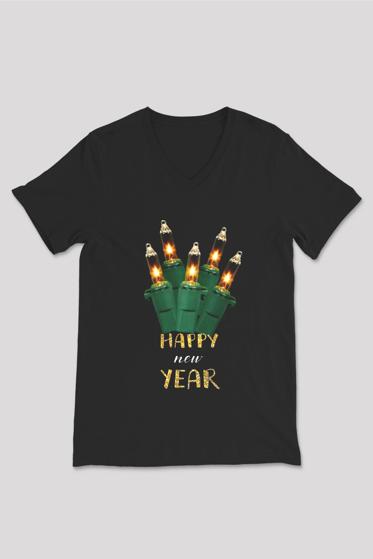 Yılbaşı Siyah Unisex V Yaka Tişört T-Shirt