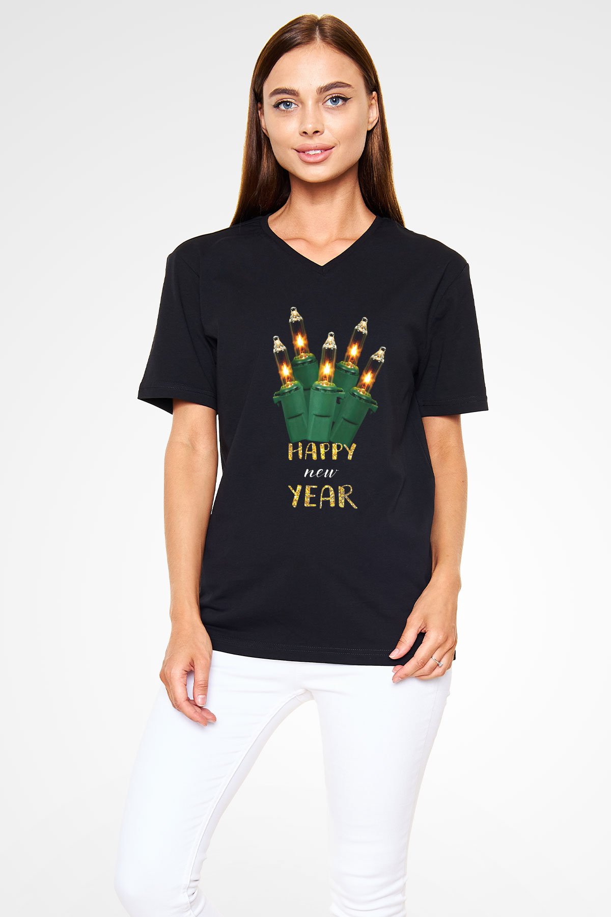 Yılbaşı Siyah Unisex V Yaka Tişört T-Shirt