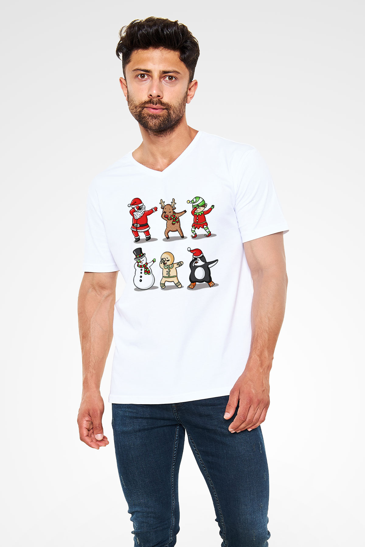 Yılbaşı Yeni Yıl Christmas Beyaz Unisex V Yaka Tişört T-Shirt