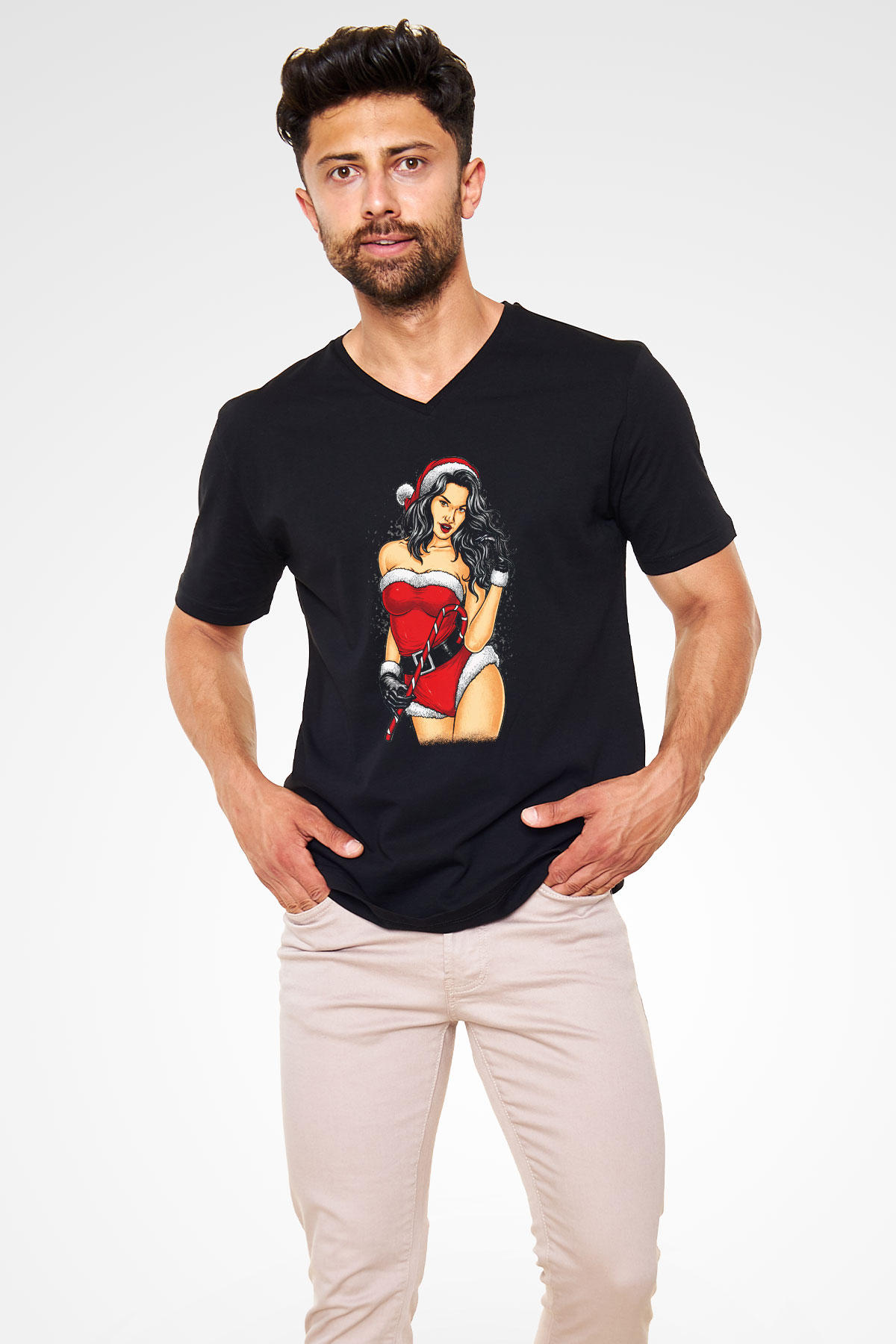 Yılbaşı Yeni Yıl Siyah Unisex V Yaka Tişört T-Shirt