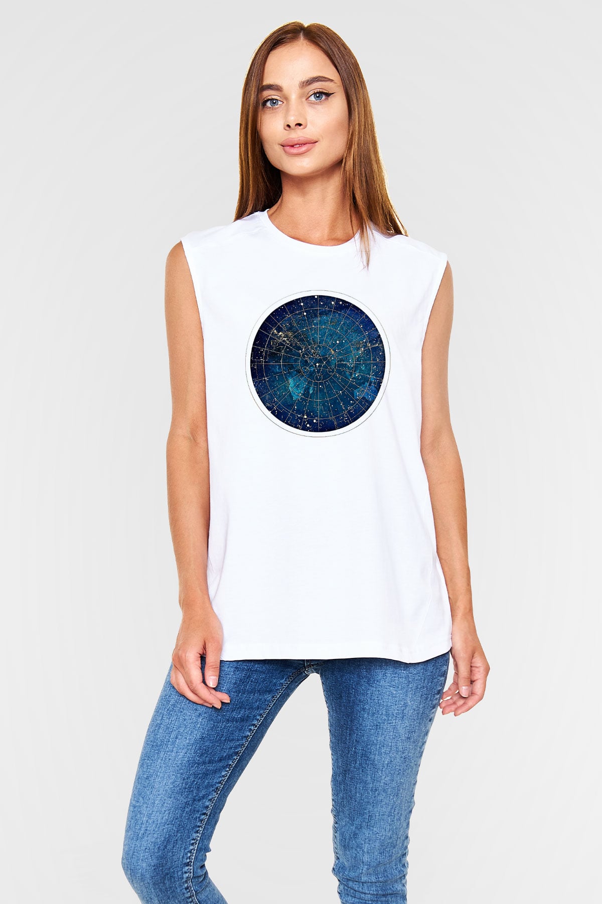 Yıldız Haritaları Baskılı Beyaz Unisex Kolsuz Tişört - Tshirt