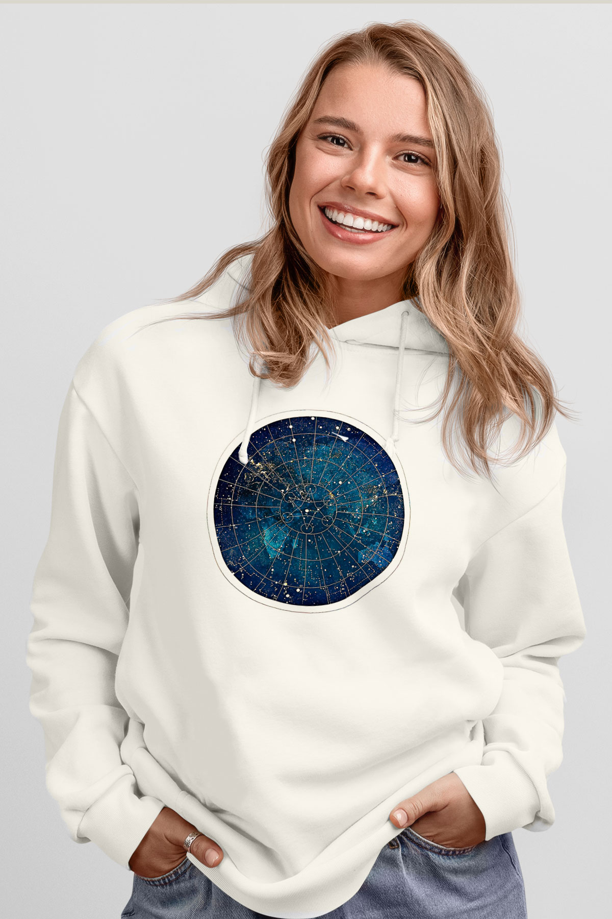 Yıldız Haritaları Baskılı Beyaz Unisex Hoodie