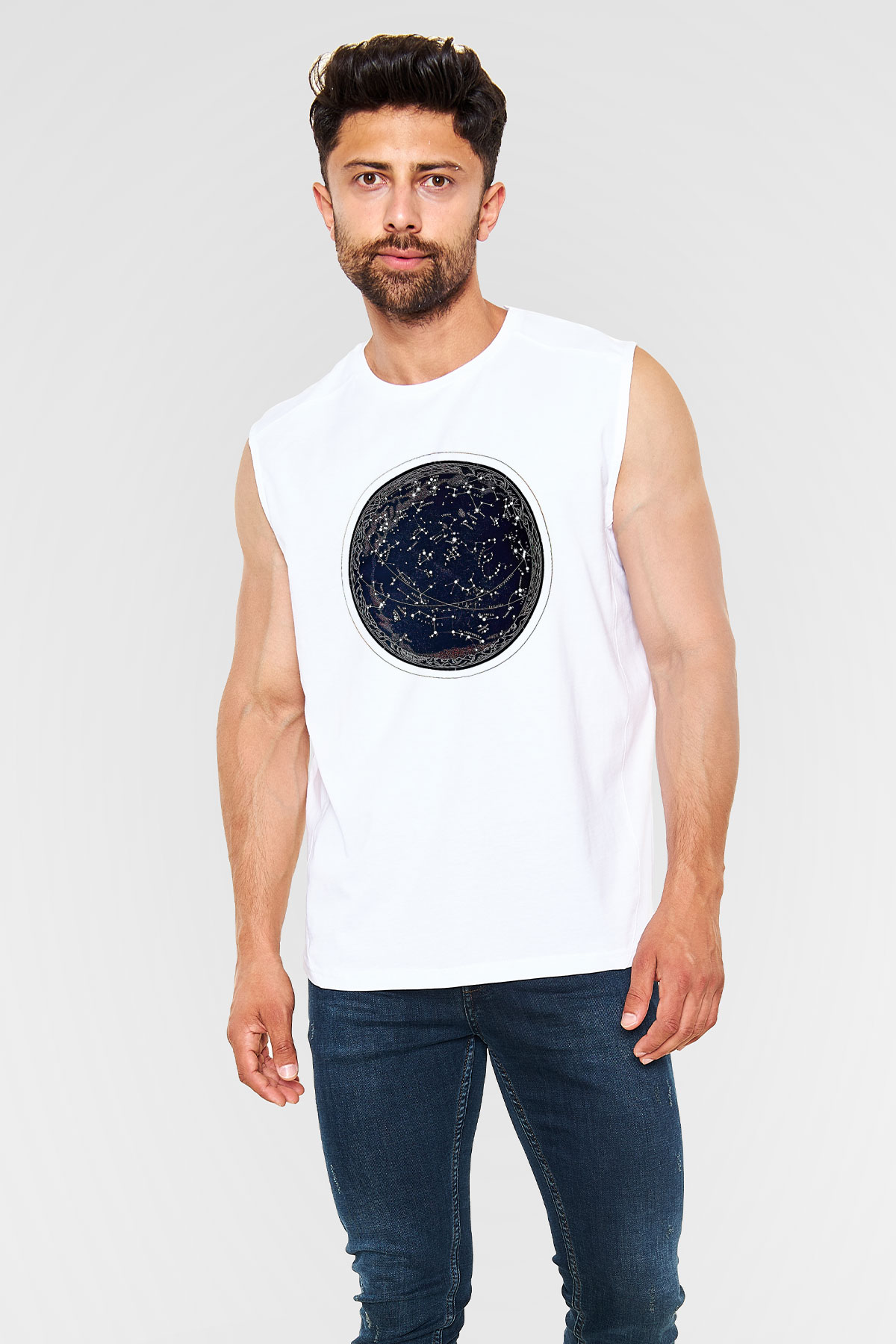 Yıldız Haritaları Baskılı Beyaz Unisex Kolsuz Tişört - Tshirt