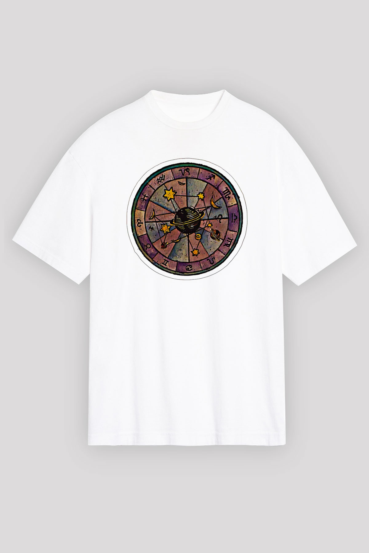 Yıldız Haritaları Baskılı Beyaz Unisex Oversize Tişört - Tshirt