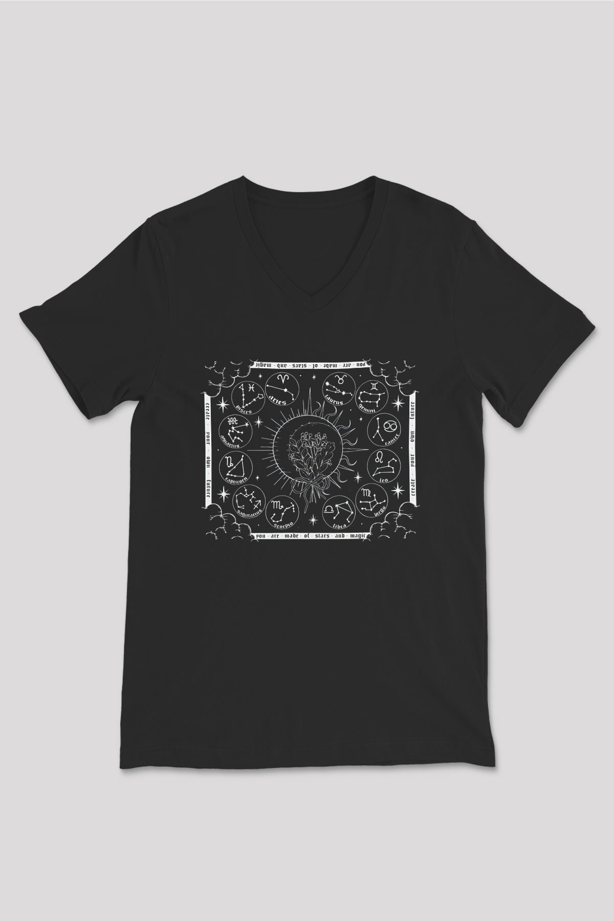 Yıldız Haritaları Baskılı Unisex Siyah V Yaka Tişört - Tshirt