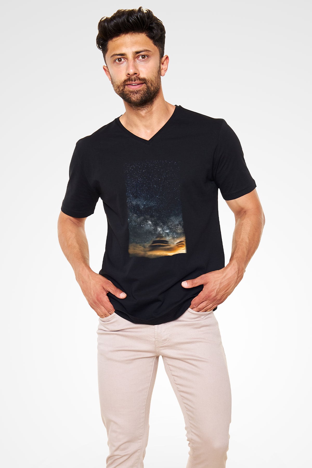 Yıldız Siyah Unisex V Yaka Tişört