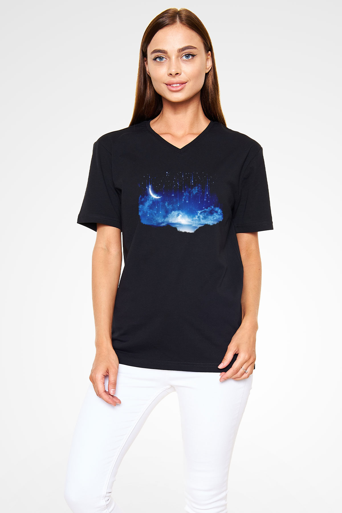 Yıldız Siyah Unisex V Yaka Tişört T-Shirt